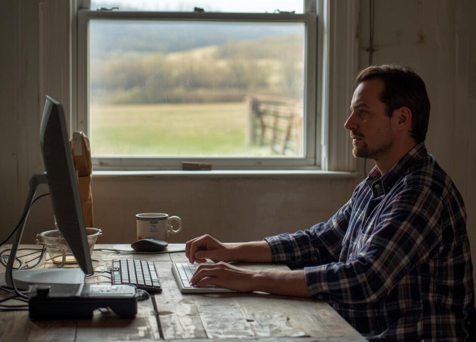 Man sitting at a wooden desk by a window, typing on a computer keyboard with a monitor and coffee mug beside him in a calm, rural setting - www.leintzinsurance.com