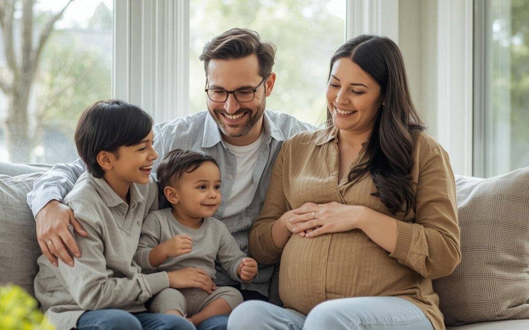 Happy family sitting on a couch with a pregnant mother, father, and two children smiling together at home - www.leintzinsurance.com