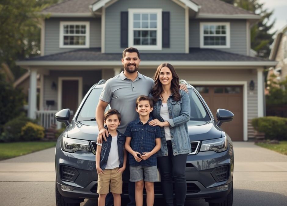 Family of four standing in front of car and suburban house